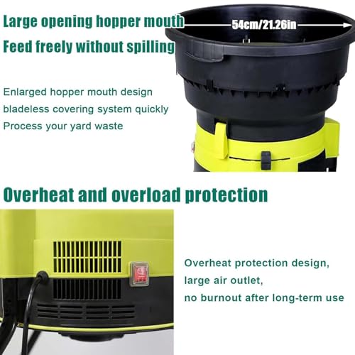 Elektrischer Gartenhäcksler und Holzhacker, 2500 W, 8000 U/min, Laubhacker mit 54 cm breitem Trichter, 208 l/min schneller Kompostier-Mulcher für