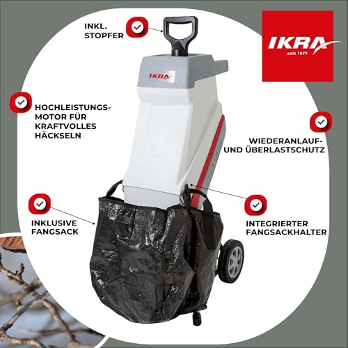 IKRA Elektro Gartenhäcksler Messerhäcksler IMH 2500, Fangsack 45l, 2500W, inkl. 2X Ersatz-Wendemesser & Schutzbrille