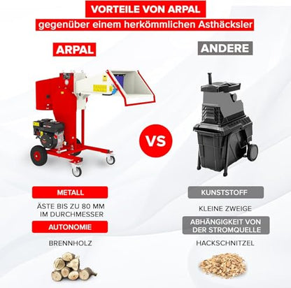 Leistungsstarker Holzhacker ARPAL AM-80BD mit 7-PS-Benzinmotor – Zerkleinert Äste bis zu 80 mm für Brennholz, Holzkohle und Heizsysteme – 3 Jahre