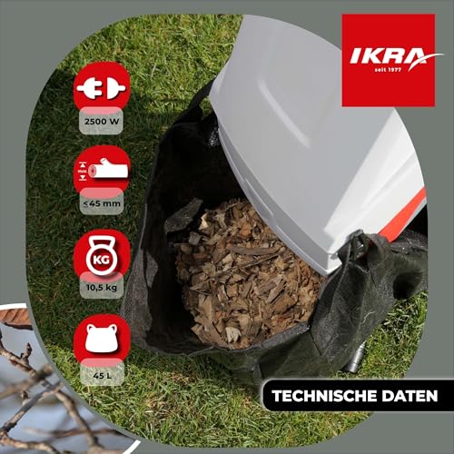 IKRA Elektro Gartenhäcksler Messerhäcksler IMH 2500, Fangsack 45l, 2500W, inkl. 2X Ersatz-Wendemesser & Schutzbrille
